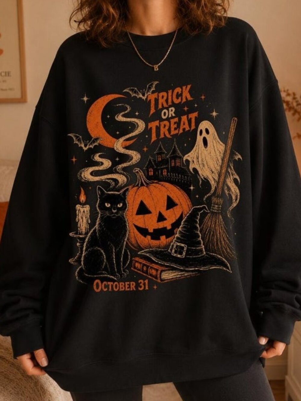 Halloween Trick or Treat Sweater, 90s Vintage Spooky Cat Graphic